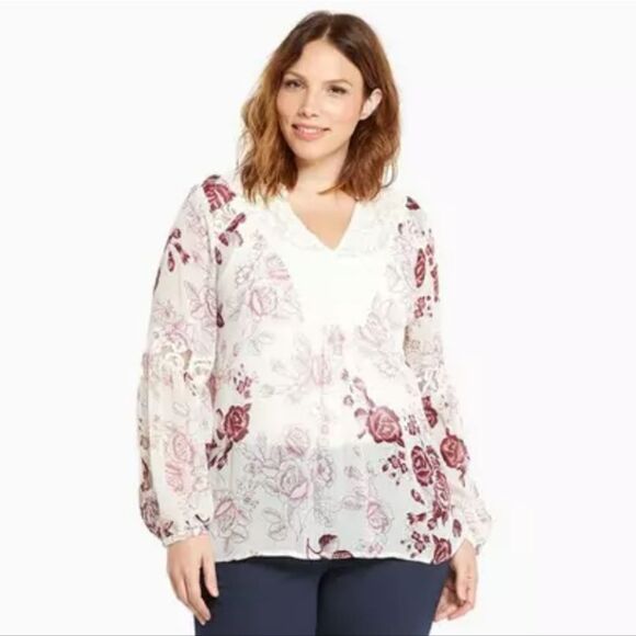 Torrid Floral Print Chiffon Lace Inset Top – White M/L - Picture 5 of 12